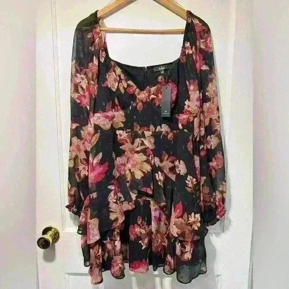 NWT Lulus Dramatically Dreamy Black Floral Chiffon Tiered Lurex Mini Dress - Picture 2 of 14